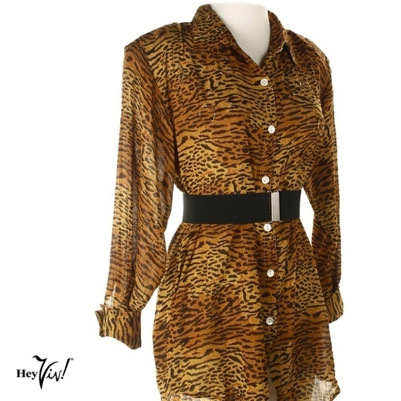 Vintage 90s Tiger Print Rayon Button Up Blouse Shirt w Tags Medium B42 - Hey Viv - Picture 3 of 5